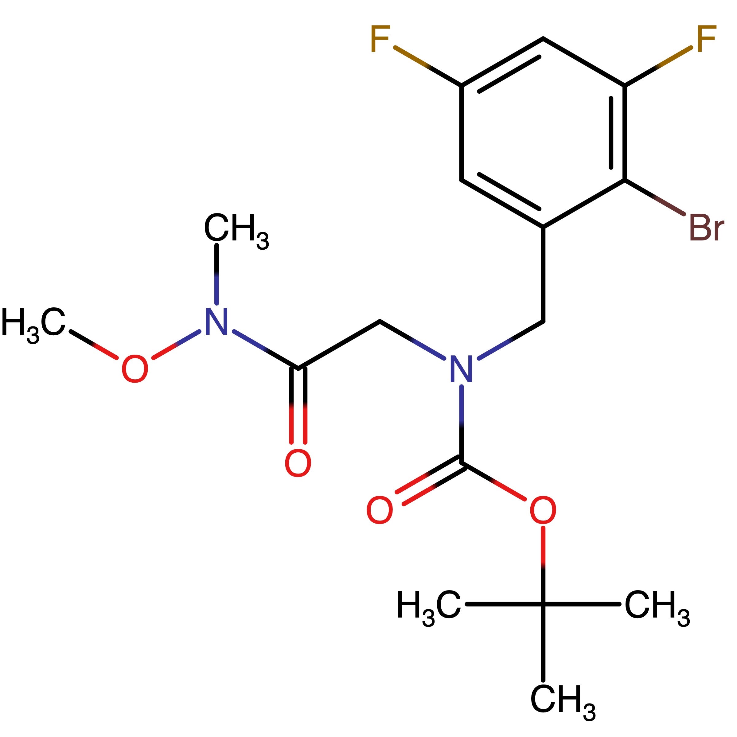 CAS RN 2757409-51-9 | Name: tert?Butyl 2?bromo?3,5?difluorobenzyl{2?[methoxy(methyl)amino]?2?oxoethyl}carbamate
