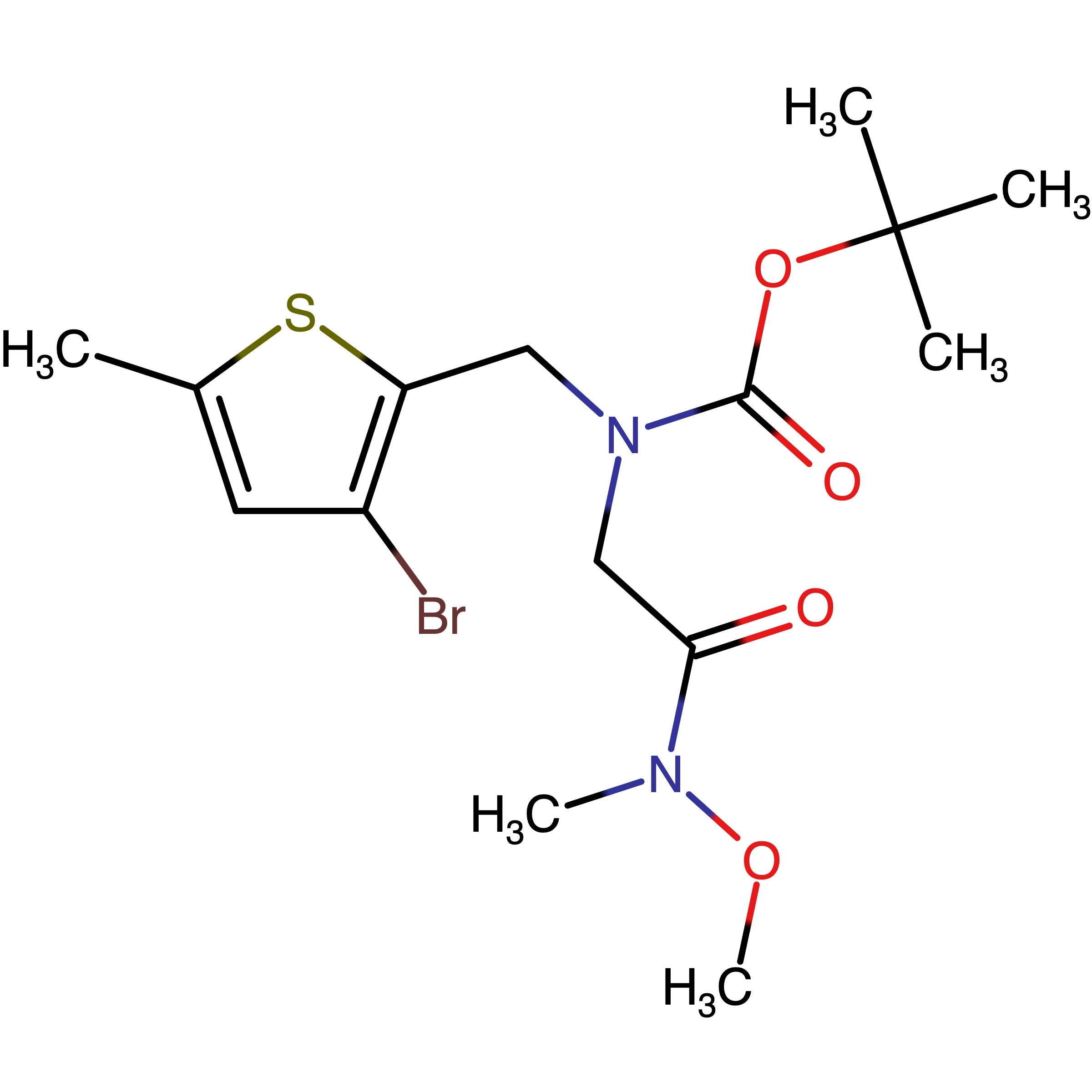 CAS RN 2757409-57-5 | Name: tert?Butyl [(3?bromo?5?methylthiophen?2?yl)methyl]{2?[methoxy(methyl)amino]?2?oxoethyl}carbamate