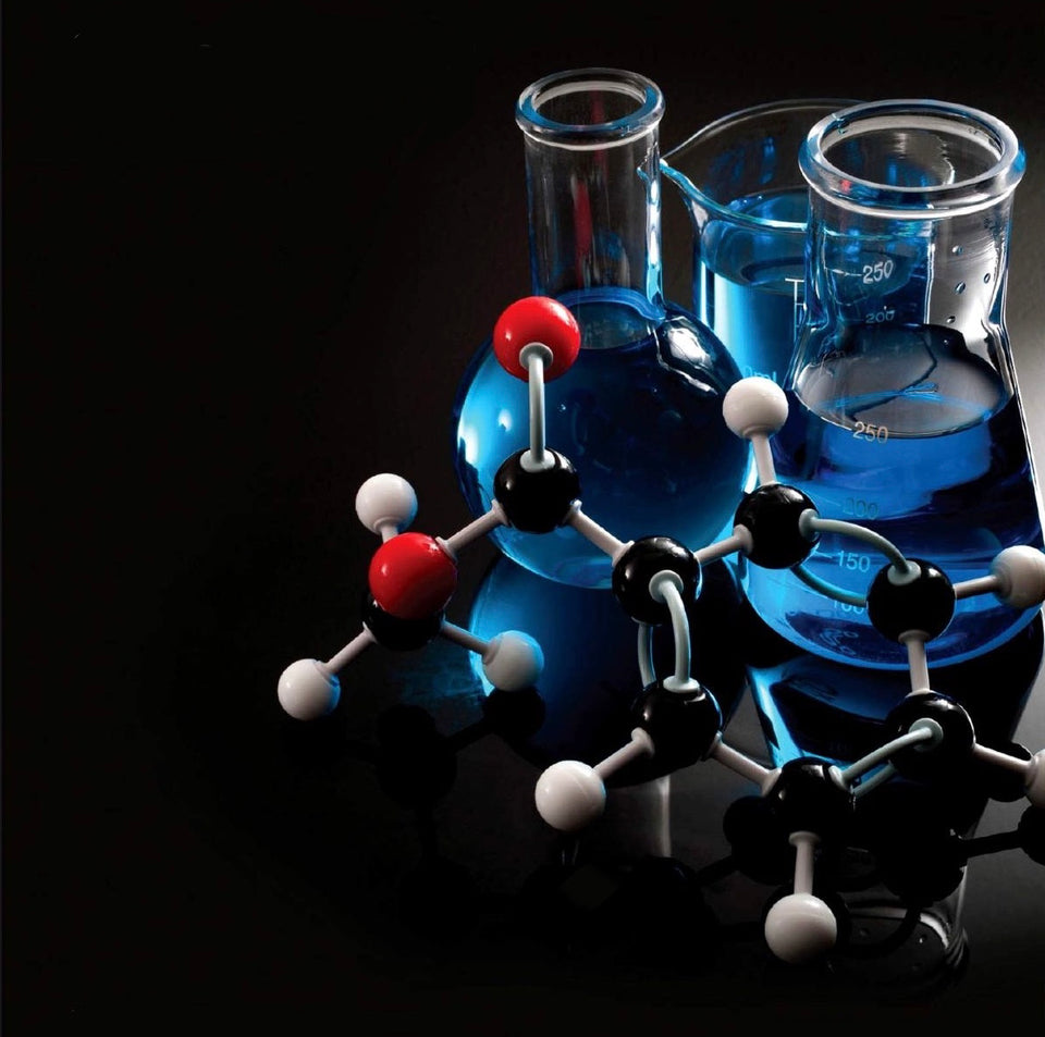 Heterocyclic Building Blocks showing chemical structures and various laboratory glasswares.